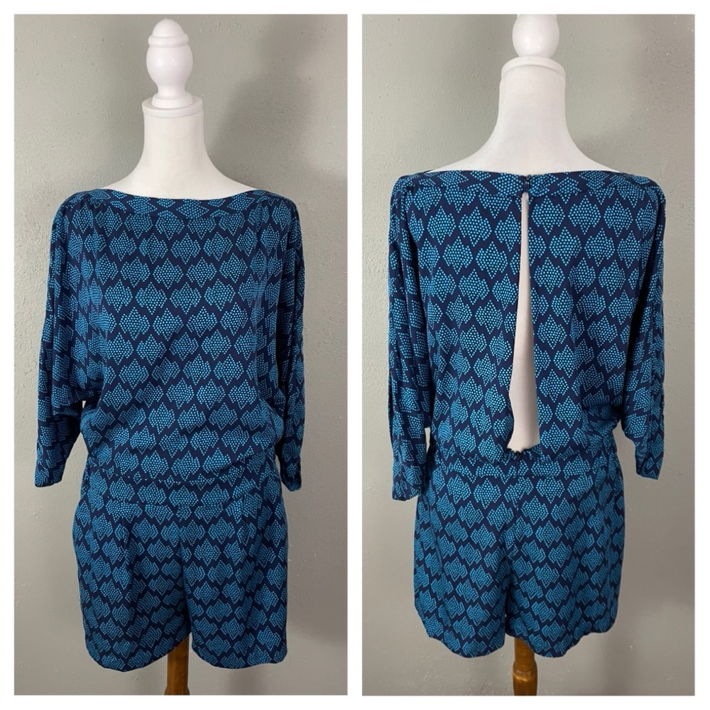 Diane Von Furstenberg $428 Soleil Romper Size 8 Blue Silk Blend Pockets Kyona